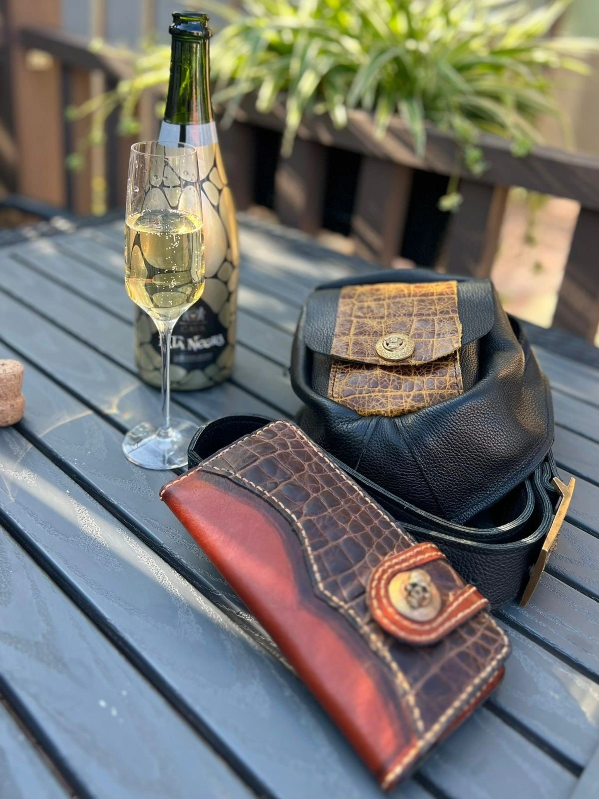 Leather bag and wallet set, both pieces